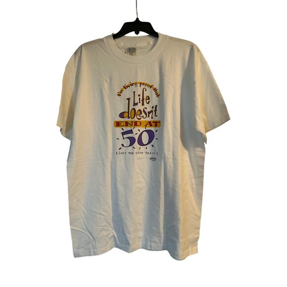 NWOT Hallmark SHOEBOX White Cotton T-Shirt 'Life Doesn't End at 50..." Sz Lg - Picture 2 of 6